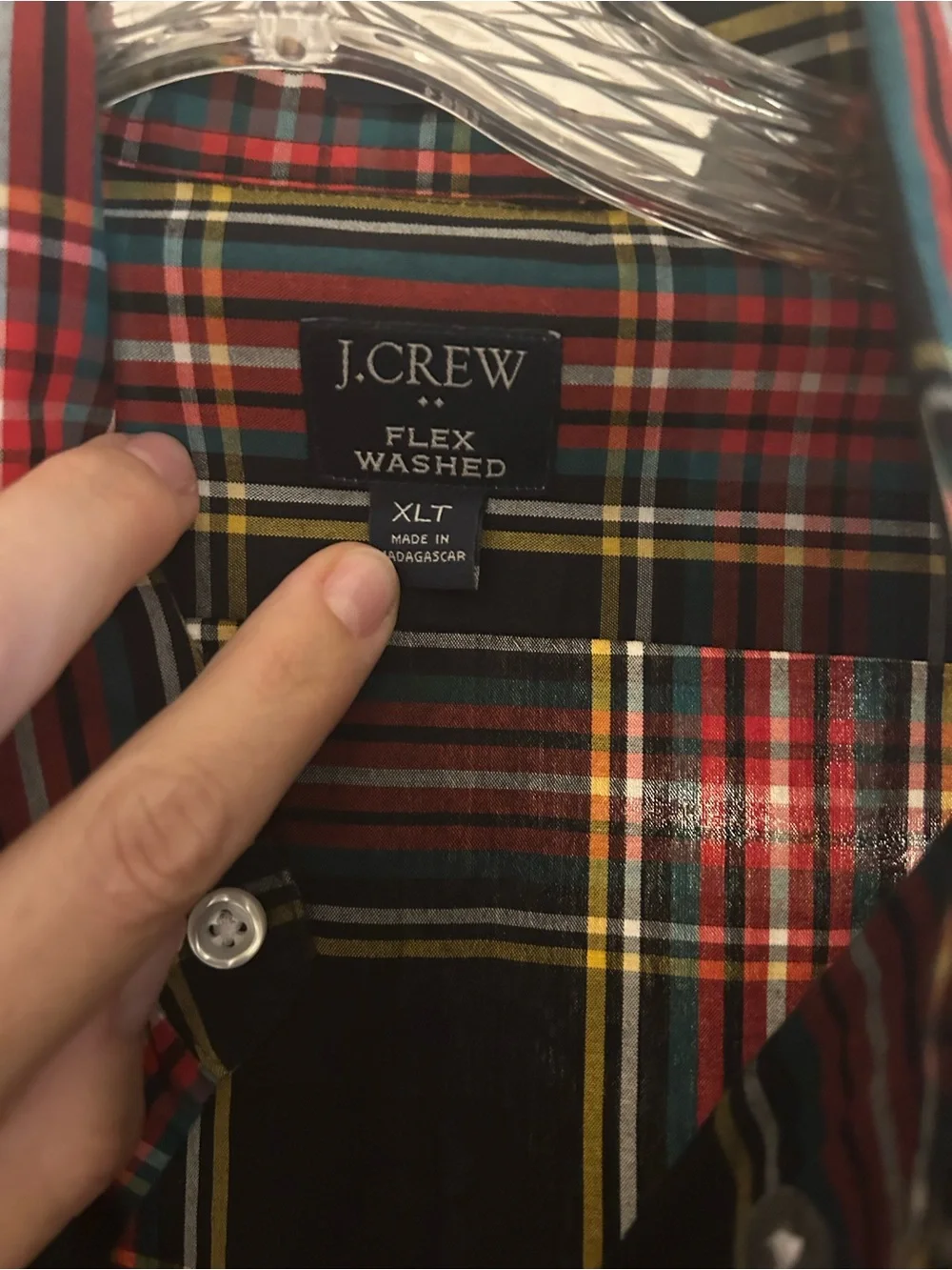 J. Crew Men's Black Plaid Button-Down Shirt with Red and Yellow Accents